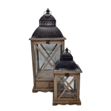 Two wooden lanterns, one 16 inches and the other 26 inches.