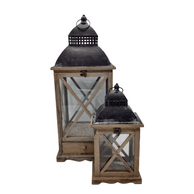 Two wooden lanterns, one 16 inches and the other 26 inches.