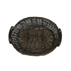 A dark brown wicker basket with handles.