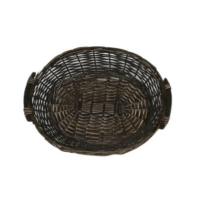 A dark brown wicker basket with handles.