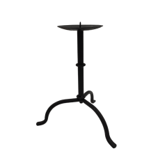 A 10 inch black wrought iron candlestick with a three-legged base.