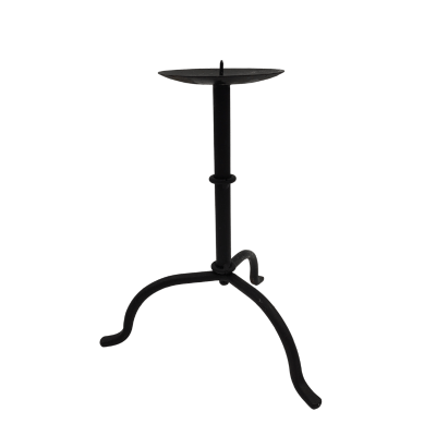 A 10 inch black wrought iron candlestick with a three-legged base.