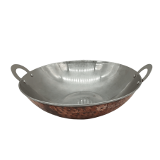 A 13 inch copper wok with a stainless steel interior.