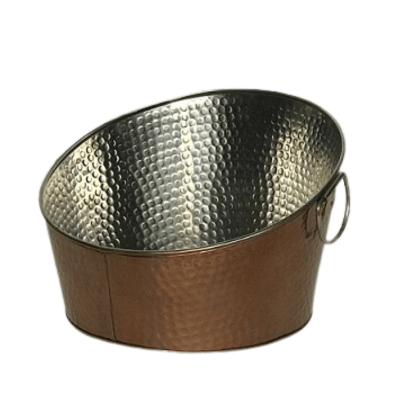 A copper ice bucket with a slanted opening and stainless steel interior.