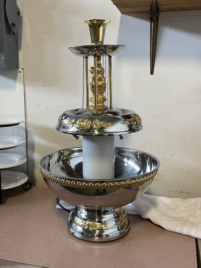 3 tier beverage fountain with gold and silver accents