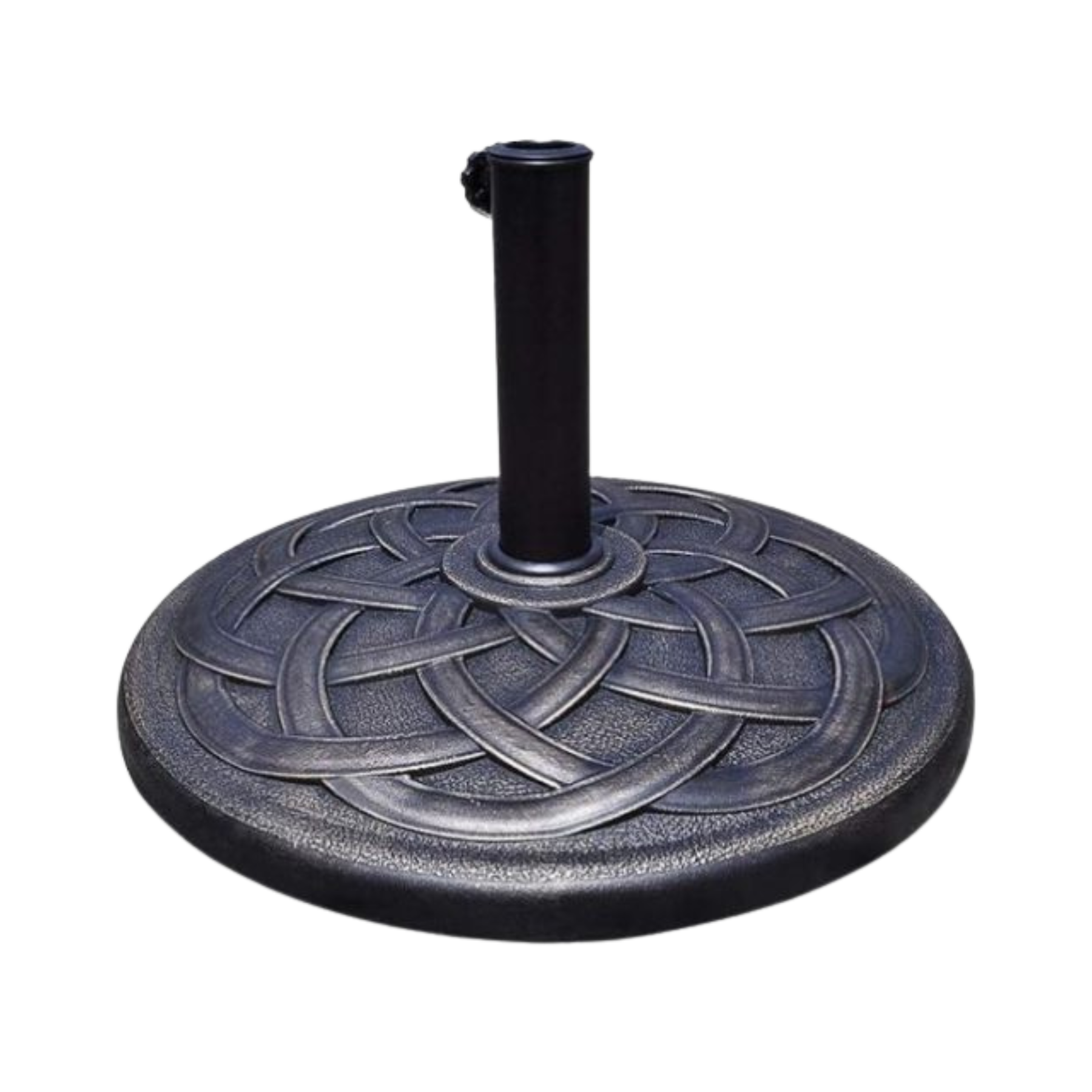 Umbrella base freestanding A black metal base that holds an umbrella pole, available for rental in Montgomeryville PA.