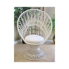 A large rental white wicker chair with a tall fan-shaped back, meant for photos of guest of honor at bridal showers or birthday parties.
