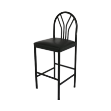 Sturdy four-legged rental black metal barstool with a curved backrest and padded vinyl seat.