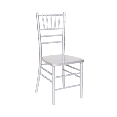 A rental wood Chiavari ballroom chair in silver.