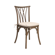 A rental wooden chair with delicately curved back-slats that gives a rustic antique look.
