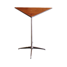 A triangle topped rental table on a pedestal base, often called hitop or highboy or bar height or cocktail, and are to be used in small spaces or to encourage guests to mingle.