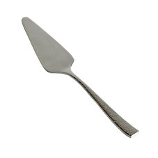 A rental utensil in a triangle shape for serving cake or pie. The handle is a hammered texture.