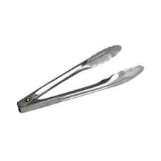 Stainless steel spring tongs that are only 7 inches long and used for serving pastry or other small foods or hors d'oeuvres.